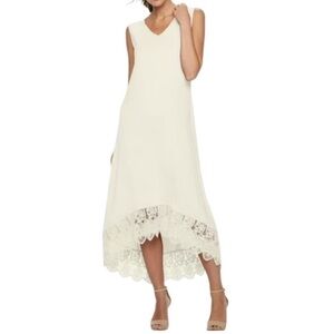 Nina Leonard Cream Dress, Lace Hem